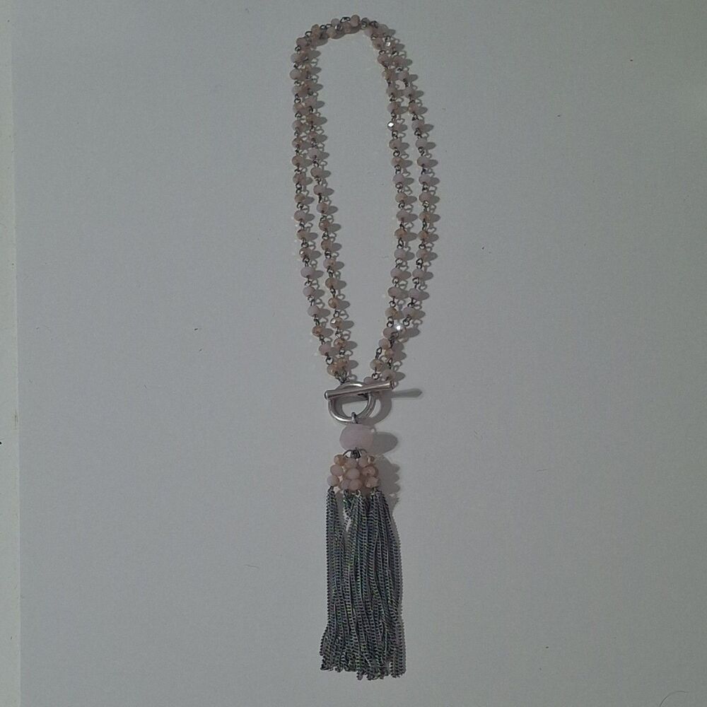 Multi Strand Pink Beaded Silver Tone Chain Tassel Y Drop Lariat Necklace